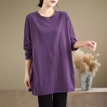 DIMANAF 2024 Женская футболка больших размеров из сплошного хлопка с длинным рукавом, свободная новая футболка, повседневные топы, футболки One Size хаки