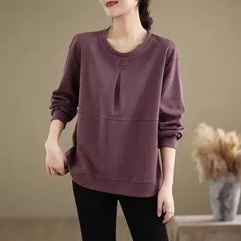 DIMANAF 2024 Женская футболка больших размеров с круглым вырезом и длинным рукавом, свободная новая повседневная футболка с длинным рукавом One Size фиолетовый