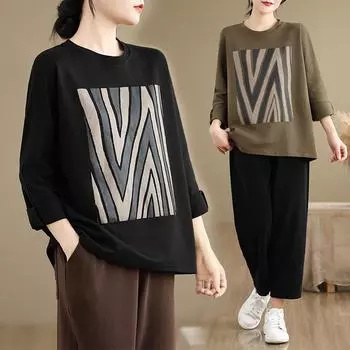 DIMANAF 2024 Женская футболка больших размеров с принтом из хлопка с длинным рукавом, повседневные топы, футболки, свободная рубашка One Size чёрный