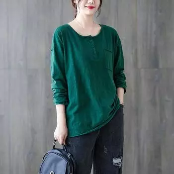 Dimanaf 2024 Женская футболка больших размеров с длинным рукавом, новая осенняя повседневная однотонная хлопковая рубашка, свободный пуловер, топы больших размеров, футболки L зелёный