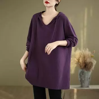 DIMANAF 2024 Женская футболка больших размеров с капюшоном и длинным рукавом, новая весенняя повседневная однотонная футболка с V-образным вырезом, свободный пуловер One Size фиолетовый