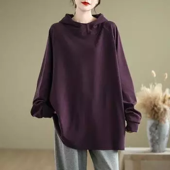 DIMANAF 2024 Женская футболка больших размеров с капюшоном и длинным рукавом, новая повседневная однотонная футболка с высоким воротом, свободный пуловер One Size чёрный