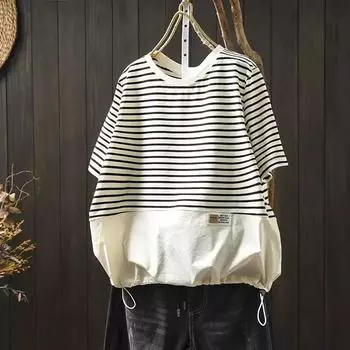 Dimanaf 2024 Женская футболка на молнии с круглым вырезом и полосками из хлопка, свободные топы и футболки с коротким рукавом