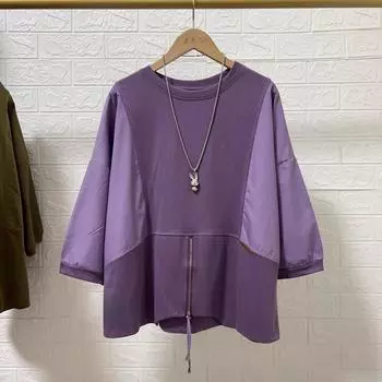 DIMANAF 2024 женская футболка на молнии женская однотонная с круглым вырезом хлопковые свободные топы с короткими рукавами и футболки фиолетового цвета