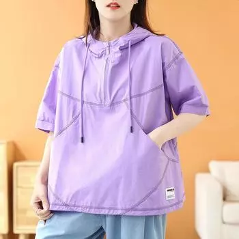 Dimanaf 2024 Женская футболка на молнии, женская, однотонная, с круглым вырезом, хлопковая, свободная, с коротким рукавом, топы и футболки