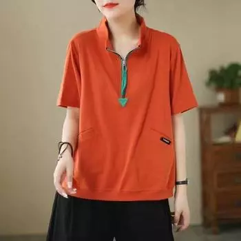 Dimanaf 2024 Женская футболка на молнии, женская, однотонная, хлопковая, свободная, с круглым вырезом, с коротким рукавом, топы и футболки