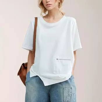 DIMANAF 2024 женская футболка на молнии, женские однотонные хлопковые свободные топы с короткими рукавами и футболки с круглым вырезом One Size чёрный