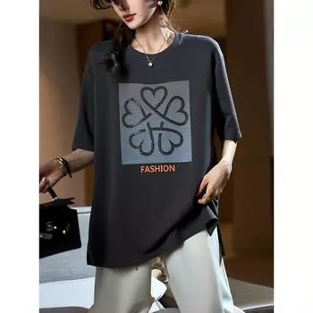 Dimanaf 2024 Женская футболка с принтом и круглым вырезом, хлопковая, свободная, с коротким рукавом, топы и футболки