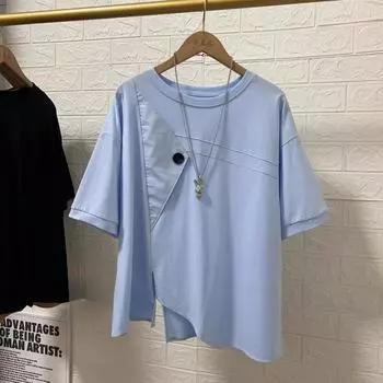 DIMANAF 2024 женская футболка с пуговицами женские однотонные хлопковые свободные топы с круглым вырезом с короткими рукавами и футболки фиолетового цвета One Size