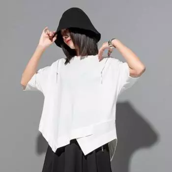 DIMANAF 2024 Женская футболка женская однотонная с круглым вырезом на молнии из хлопка свободные топы и футболки с коротким рукавом One Size чёрный