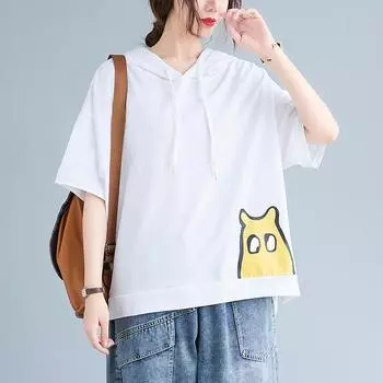 DIMANAF 2024 женская футболка женская с мультяшным принтом и эластичным капюшоном с круглым вырезом, свободные топы с короткими рукавами и футболки, хлопковые белые, черные