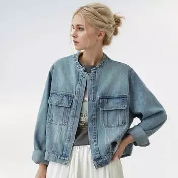 DIMANAF 2024 женская куртка джинсовое пальто на пуговицах однотонный кардиган с карманами женское свободное осенне-зимнее короткое пальто XL