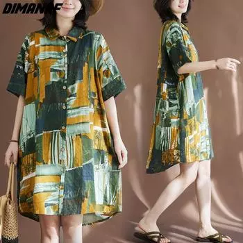DIMANAF 2024, женская летняя блузка больших размеров, рубашки с винтажным принтом, хлопковые и льняные свободные повседневные базовые женские топы, длинная рубашка