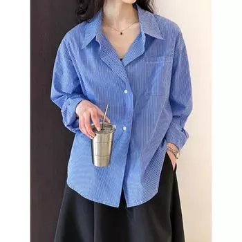 DIMANAF 2024, женская летняя блузка больших размеров, рубашка синего цвета в полоску, свободный дизайн, повседневные базовые женские футболки с длинными рукавами, топы