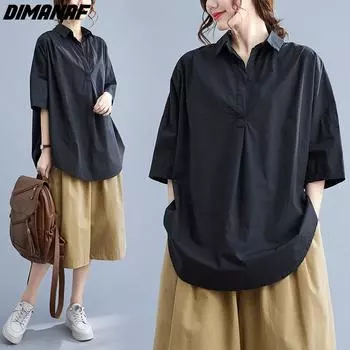 DIMANAF 2024, женская летняя блузка больших размеров, свободные однотонные черные повседневные базовые женские футболки большого размера, топы