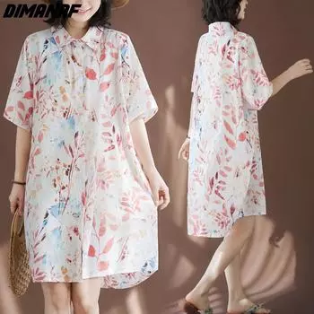 DIMANAF 2024, женская летняя блузка больших размеров, рубашки с модным принтом, хлопковые свободные повседневные женские топы с цветочным принтом, пляжная длинная рубашка