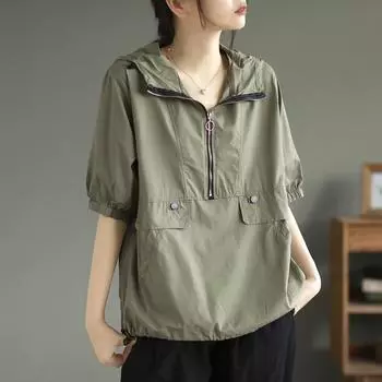 Dimanaf 2024 Женская новая футболка на молнии женская однотонная с круглым вырезом хлопковая свободная с коротким рукавом топы и футболки