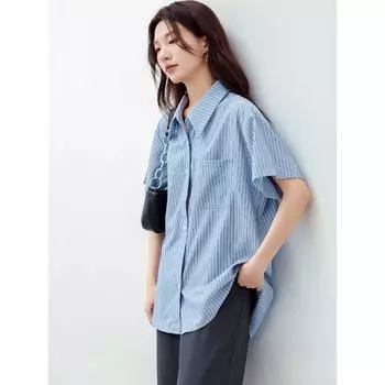 DIMANAF 2024, женская новая летняя блузка больших размеров, винтажная рубашка с коротким рукавом, свободные повседневные женские топы в синюю полоску, футболки