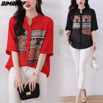 DIMANAF 2024, женская новая летняя блузка больших размеров, винтажная рубашка с коротким рукавом, свободные шифоновые повседневные женские топы, футболки