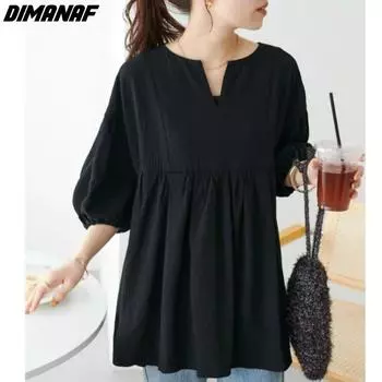 DIMANAF 2024, женская новая летняя однотонная блузка больших размеров, винтажная рубашка с короткими рукавами, свободные черные, белые повседневные топы, футболки