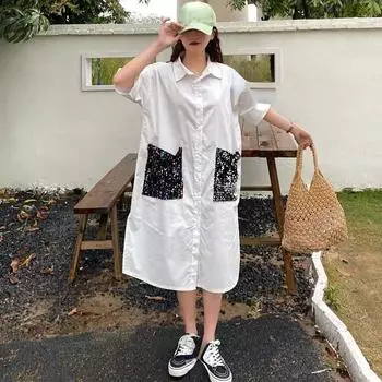 DIMANAF 2024 Женская новая весенняя рубашка больших размеров Стильная повседневная блузка с карманами и блестками Oversize с длинными рукавами-кардиганами Белые, черные рубашки Свободные