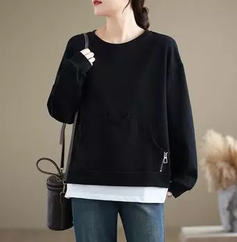 Dimanaf 2024 Женская однотонная осенняя рубашка, футболка, свободный новый пуловер, повседневный топ с круглым вырезом и длинным рукавом, футболки One Size чёрный