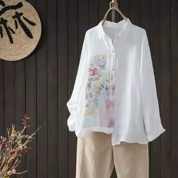 Dimanaf 2024 Женская принтованная осенняя блузка рубашка льняная футболка с длинным рукавом модные узоры топы футболки рубашка свободная повседневная белая