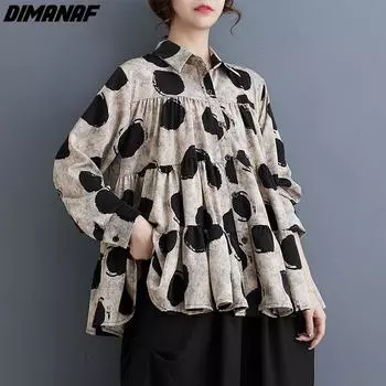 DIMANAF 2024, женская рубашка больших размеров, весна-лето, новая блузка, рубашка большого размера, свободные повседневные топы с длинными рукавами и принтом в горошек One Size чёрный