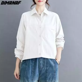 DIMANAF 2024, женская рубашка больших размеров, весенне-летняя новая женская рубашка, свободная однотонная повседневная базовая блузка с длинными рукавами большого размера