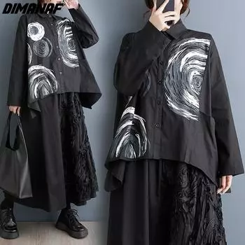 DIMANAF 2024, женские блузки больших размеров, рубашки с принтом, повседневные винтажные черные топы на пуговицах большого размера с длинными рукавами One Size чёрный