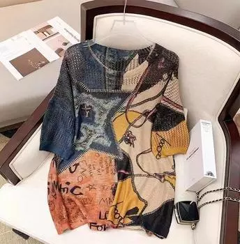 DIMANAF 2024 Женские летние футболки Стильные рубашки с принтом Стразы Красочные цветочные элегантные топы Футболки Свободные повседневные