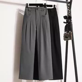 DIMANAF 2024 Женские новые осенние брюки больших размеров с широкими штанинами и высокой талией, свободные длинные брюки, однотонные повседневные шаровары 5XL S чёрный