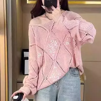 DIMANAF 2024 Женские осенние свитера с пайетками и лоскутным узором, ватные, вязаные, с круглым вырезом, свободный свитер розового цвета