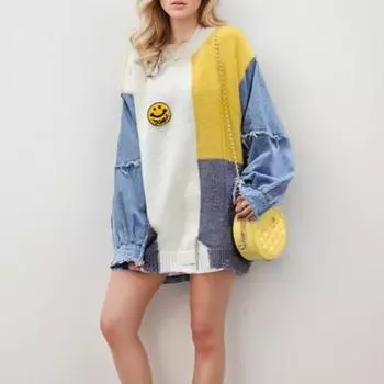 DIMANAF 2024 Женские свитера Осенний однотонный джинсовый трикотажный модный повседневный стиль Свободный пуловер свитер