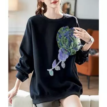 DIMANAF 2024 Женские толстовки и свитшоты с длинным рукавом, свободные, повседневные, с круглым вырезом, с цветочным принтом, осенние базовые топы, футболка, новый пуловер One Size