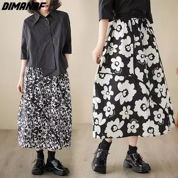 DIMANAF 2024 женские весенне-летние юбки больших размеров с цветочным принтом и эластичной резинкой на талии, свободные трапециевидные повседневные винтажные юбки с цветочным принтом