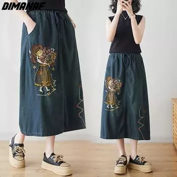 DIMANAF 2024, женские весенне-летние юбки больших размеров, эластичная джинсовая свободная винтажная длинная юбка трапециевидной формы с вышивкой