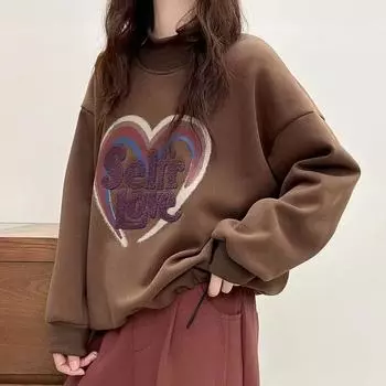 DIMANAF 2024 Женские зимние толстовки с капюшоном, свитшоты, топы с цветочным принтом, теплая водолазка из хлопка, плотная свободная одежда One Size коричневый