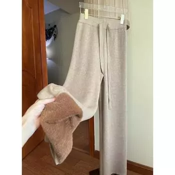 DIMANAF 2024 Женские зимние утолщенные трикотажные брюки Осенние теплые брюки Свободные широкие брюки Повседневные однотонные эластичные талии One Size чёрный