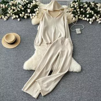 DIMANAF 2024 женский осенний свитер из двух предметов, вязаный комплект, домашний свитер, пуловер, широкие брюки, свободные брюки, лето One Size зелёный