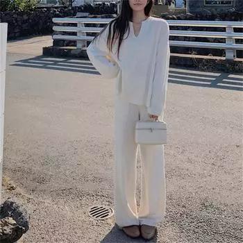 Dimanaf 2024 женский осенний свитер, комплект из двух предметов, вязаный комплект, полосатый пуловер, элегантные рубашки, широкие брюки, свободные брюки, лето