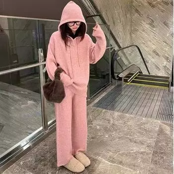 DIMANAF 2024 женский осенний свитер, комплект из двух предметов, вязаный комплект, пуловер с капюшоном, элегантные рубашки, широкие брюки, свободные брюки, лето