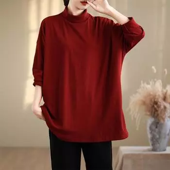 DIMANAF 2024 Женский пуловер больших размеров, женская однотонная водолазка, осень-зима, хлопковая свободная одежда, топы с длинными рукавами One Size красный