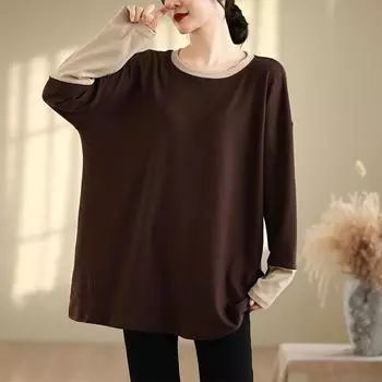 DIMANAF 2024 Женский пуловер больших размеров с однотонным принтом и круглым вырезом, футболки, осень-зима, хлопковая повседневная свободная рубашка с длинным рукавом One size чёрный