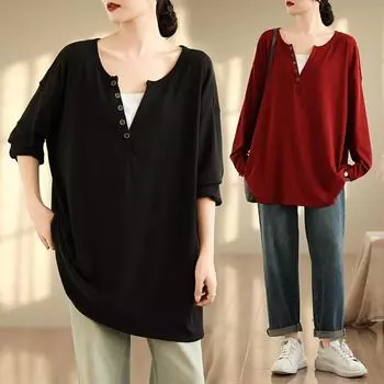 Dimanaf 2024 Женский пуловер больших размеров, однотонные топы с V-образным вырезом, футболки, осень-зима, хлопковая повседневная свободная рубашка с длинным рукавом One Size красный