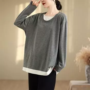 DIMANAF 2024 Женский пуловер больших размеров с длинным рукавом и принтом, топы с круглым вырезом, футболки, осень-зима, хлопковая повседневная свободная рубашка One Size чёрный