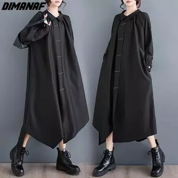 DIMANAF 2024, женское длинное платье размера плюс на весну и лето, однотонное черное платье-рубашка с длинными рукавами, нерегулярное свободное платье на пуговицах