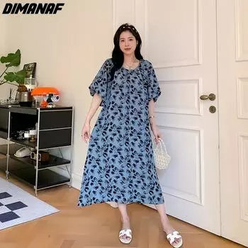 DIMANAF 2024, женское летнее базовое длинное платье-рубашка больших размеров, повседневное платье больших размеров, свободные шифоновые платья с круглым вырезом и короткими рукавами