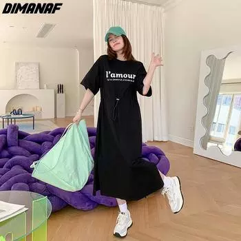 DIMANAF 2024, женское летнее базовое длинное платье-рубашка больших размеров, повседневное платье больших размеров, свободные платья с круглым вырезом и короткими рукавами