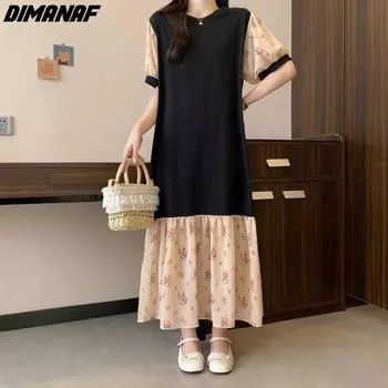 DIMANAF 2024, женское летнее базовое платье-рубашка большого размера, повседневное платье больших размеров, длинные хлопковые свободные платья с цветочными оборками